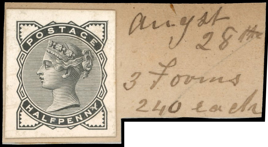 GB 1880-81 ½d stamp-sized die proof on DLR striking book piece, For SG 164