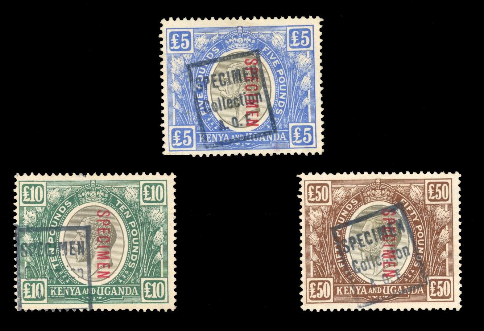 KUT SG 99s, 100s, 103s 1922 £5, £10 and £50 Specimens with additional receiving handstamps