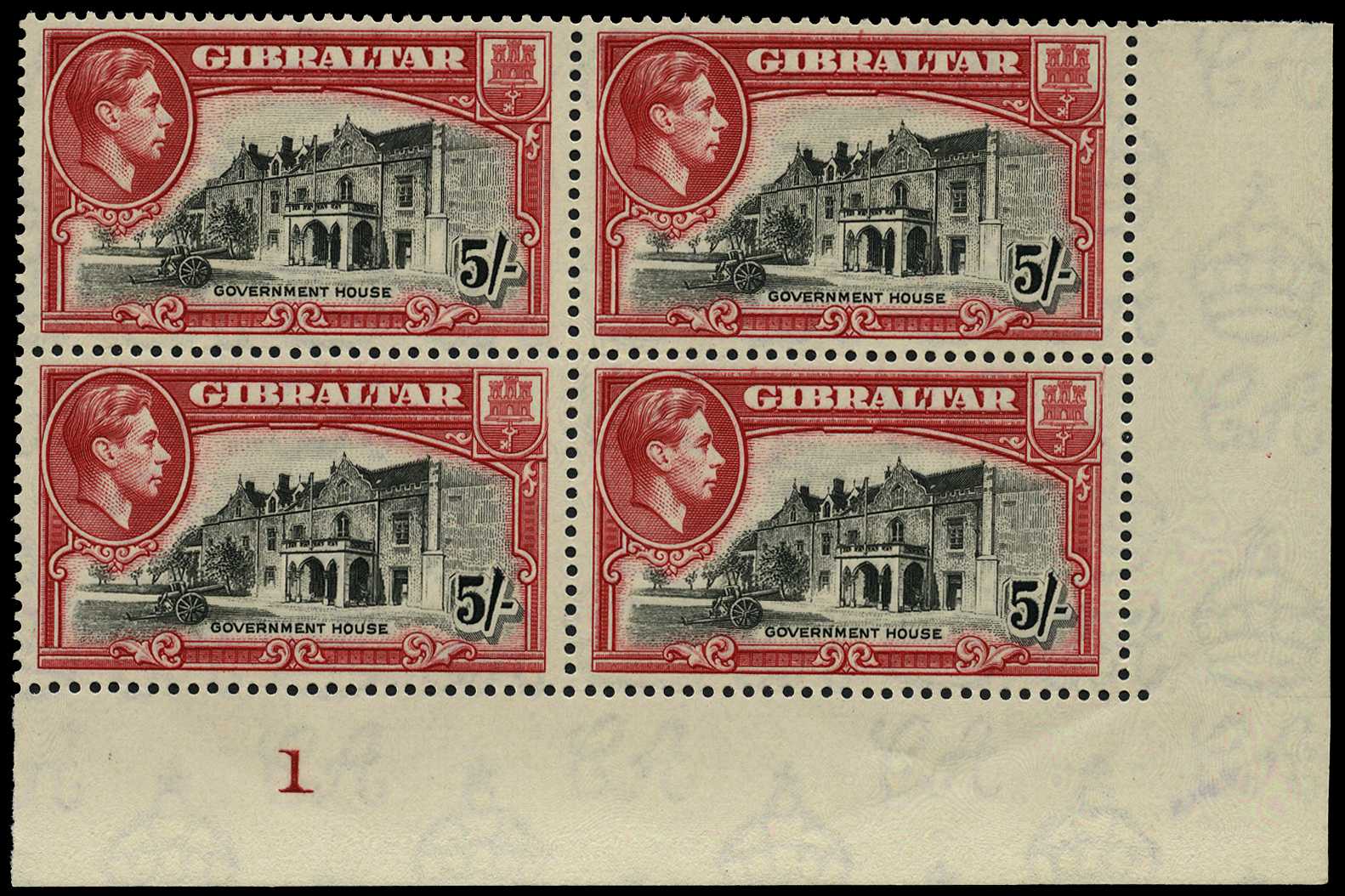 1938 5/- black and carmine, perf 13½. Lower...