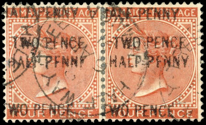 Jamaica SG 30b, c, ca 1890 2½d on 4d pair with varieties used