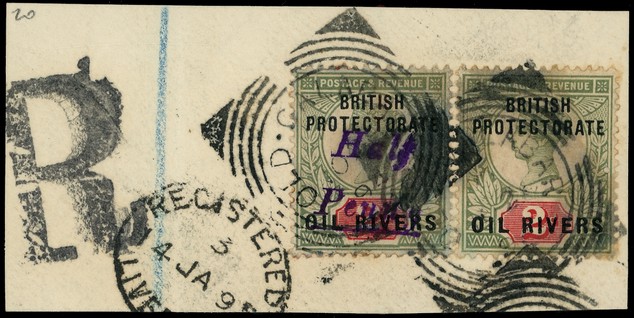 1893 ½d on 2d handstamped Type 7 in violet, on piece with unsurcharged 2d, Old Calabar squared circle cancels of NO 26 94,...