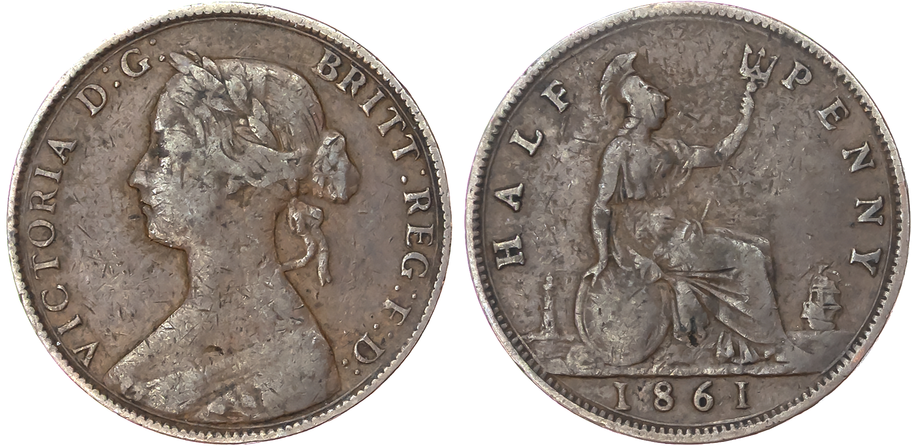 Victoria (1837-1901), Halfpenny, 1861, ‘Unrecorded Die Pairing 6+F’. Excessively rare