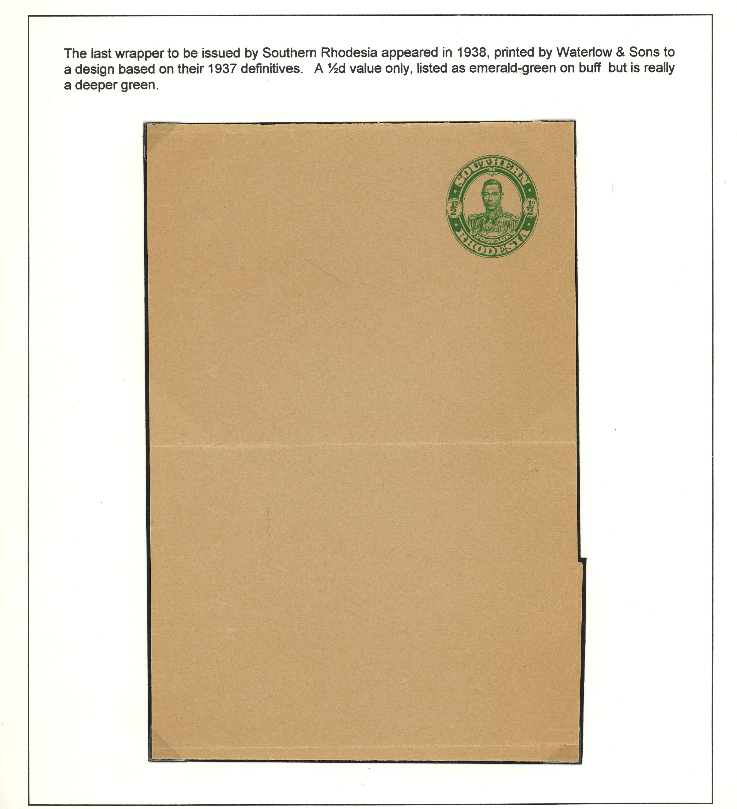 Postal Stationery 1938 KGVI ½d emerald-green/buff wrapper unused