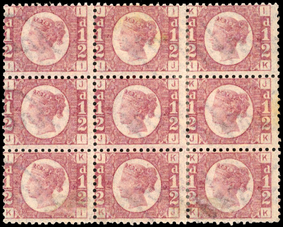 1870 ½d rose-red block of nine, wmk. inverted...