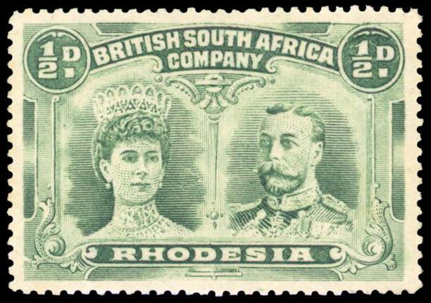 Rhodesia 1910-13 ½d emerald perf 15 with wedge flaw