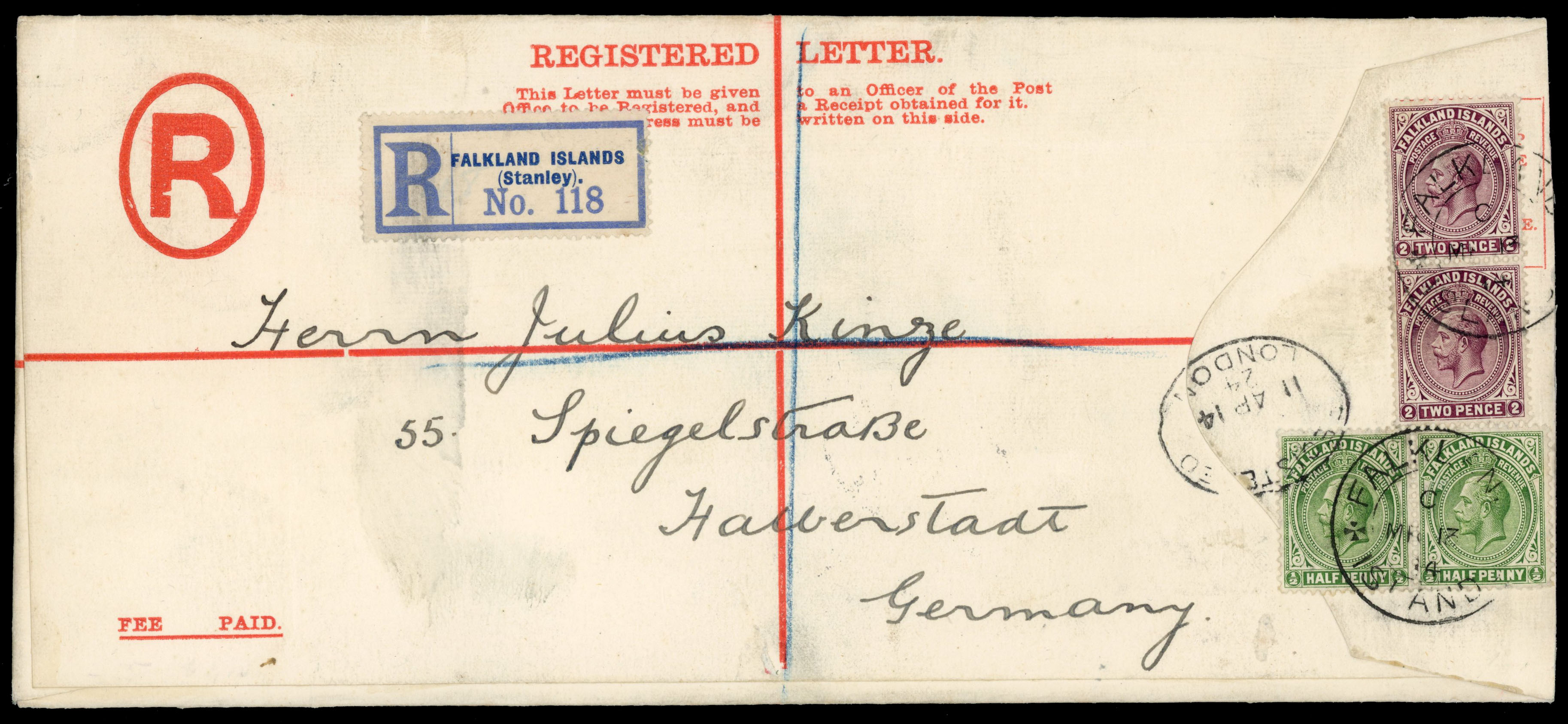 Falkland Islands 1914 formula registered envelope to Germany