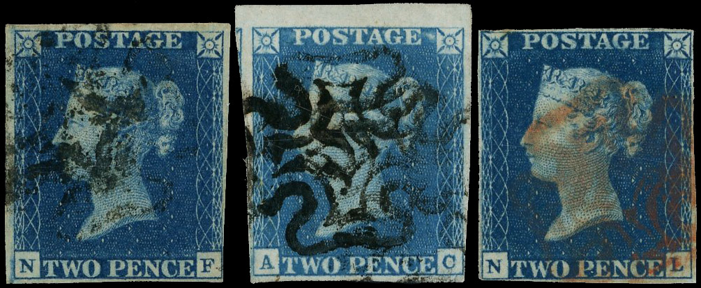 1840 2d Blue Pl.2. Used group of three single examples