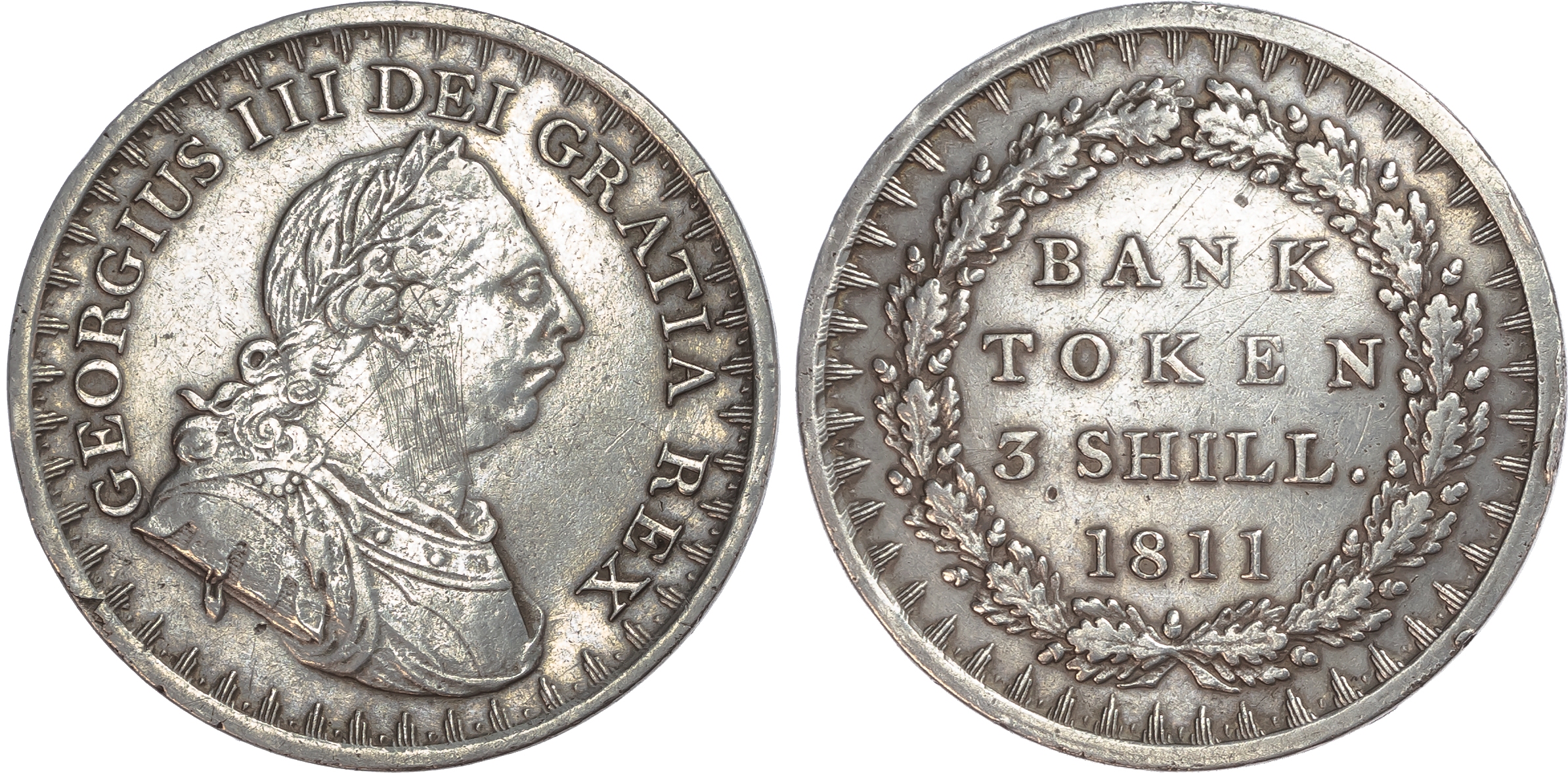 George III (1760-1820), Three Shillings, Bank of England Issue, 1811, 1812 (2) (S. 3769; D. 47).