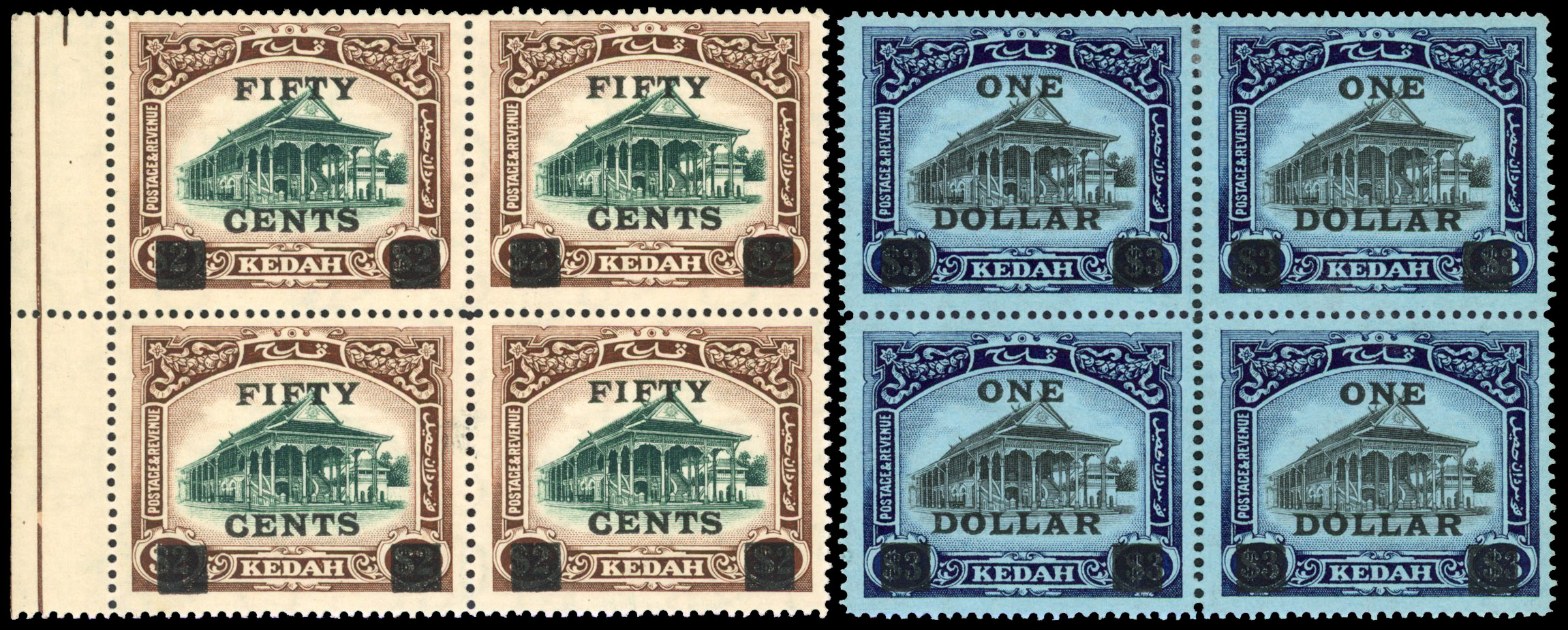 Kedah 1919 surcharges set of 2 in blocks of 4