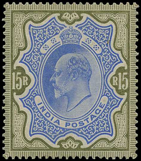 1909 15r blue and olive, unmounted o.g.,...