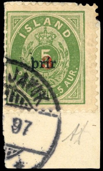 Iceland 1897, perf 12½, 3a on 5a green used on piece with S. Gronlund Certificate (1970)