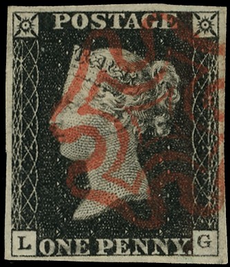 1840 1d black plate 1b (LG), four margins, cancelled crisp red...