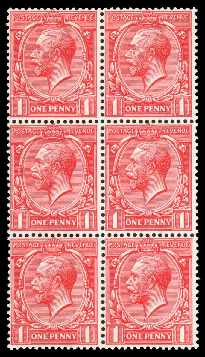 GB: 1912-24 1d bright rose red, mint unmounted o.g. vertical block of six