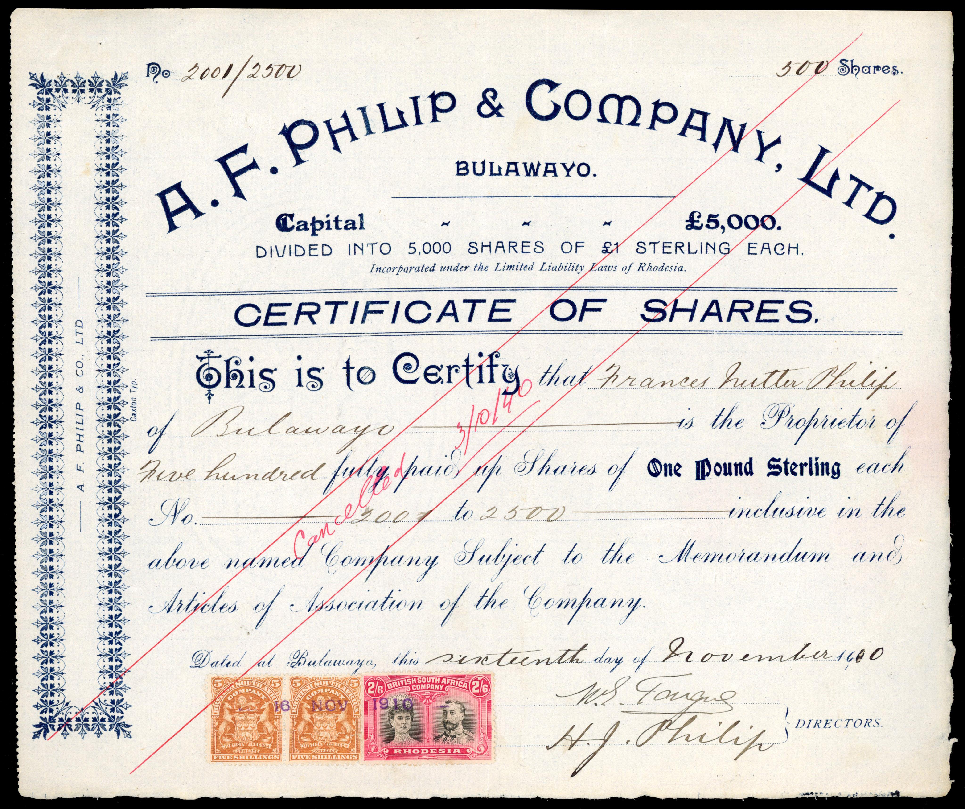 Rhodesia 1910 Share Certificate with SG 87 pair and SG 157