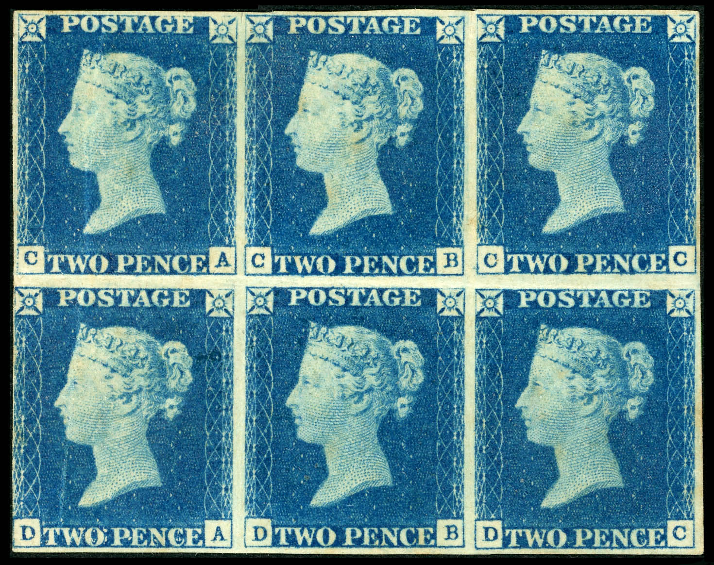 Great Britain 1840 2d Bright blue Pl.1. A spectacular unused part o.g. block of...