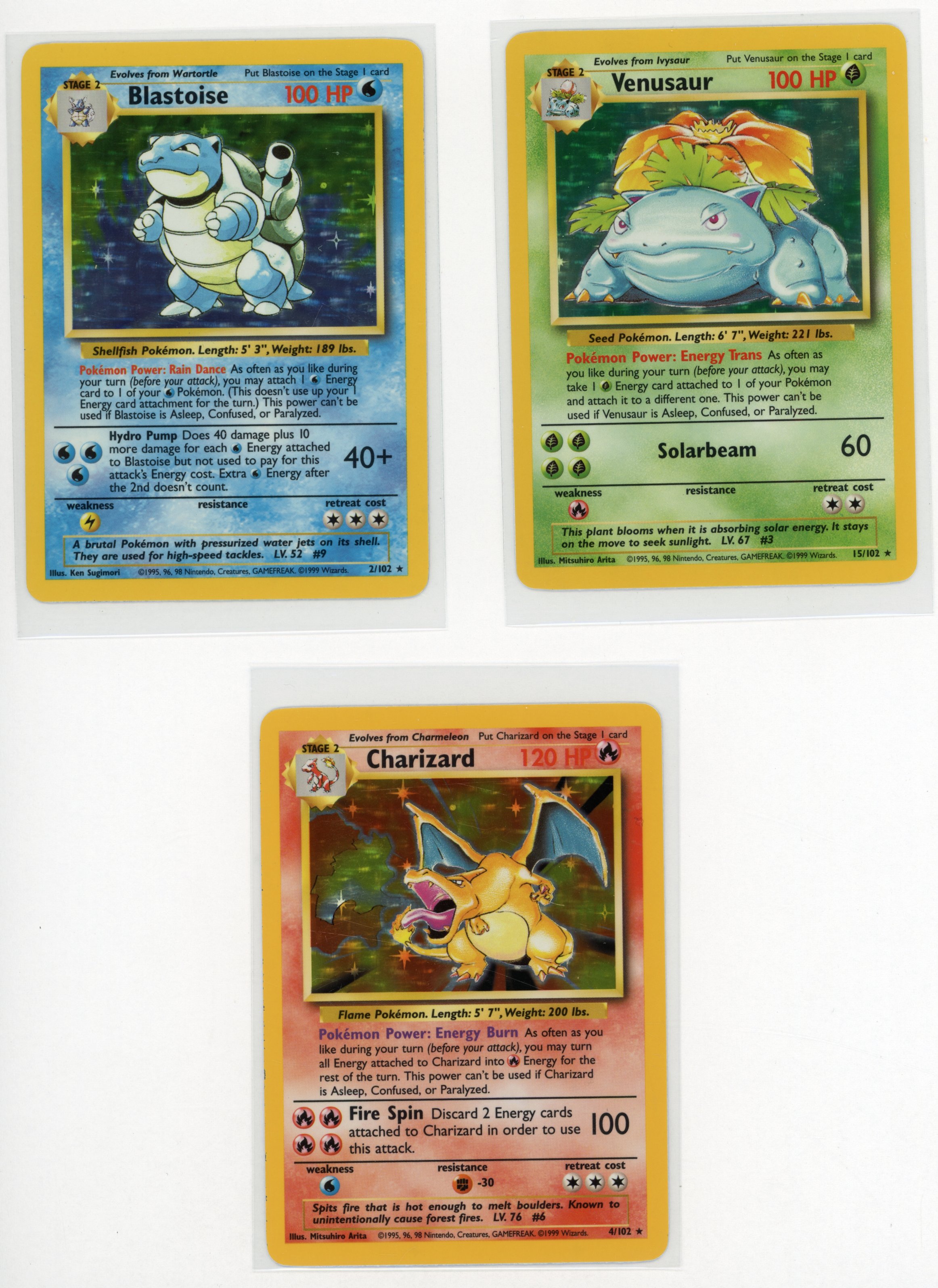 Blastoise #2 // Charizard #4 // Venusaur #15 - Base Set Unlimited (4th Print, VLP/NM)