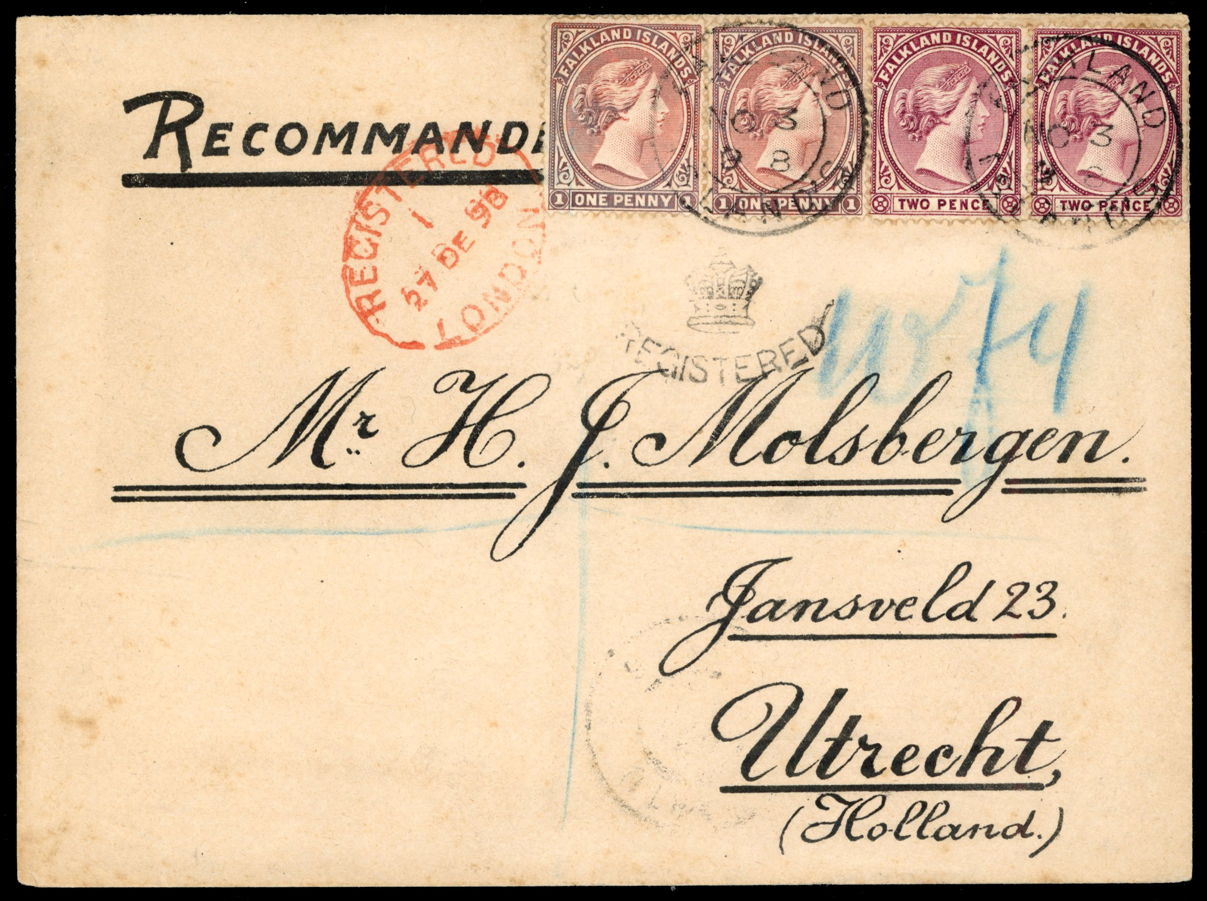 Falkland Islands 1898 registered envelope to Utrecht