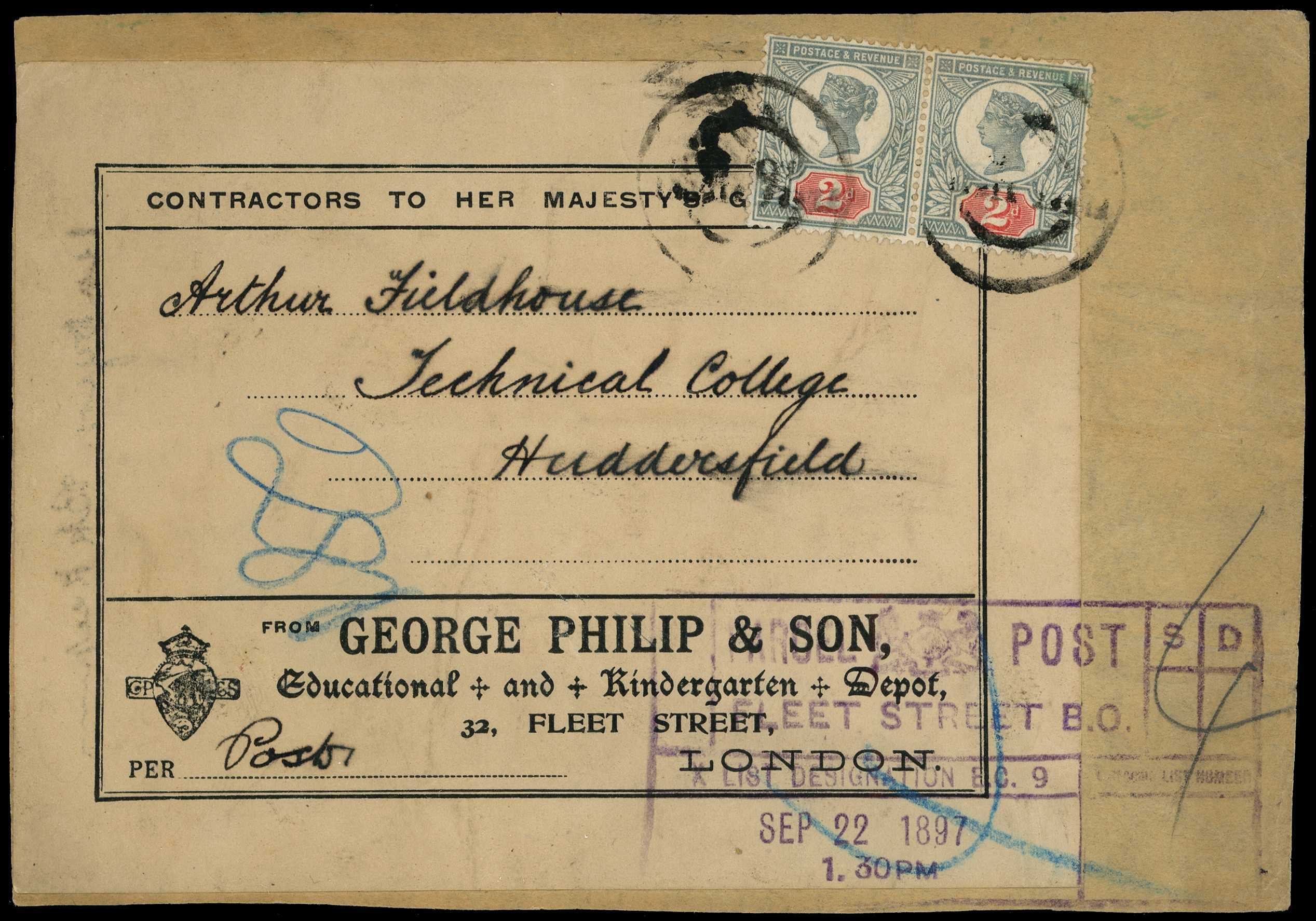 1887 2d green and scarlet pair on piece from...