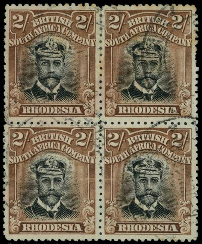1913-7 2/- Head Die II, perf 14. Used block...