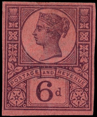 1887-1900 6d purple on rose-red, imperforate imprimatur, fine large part o