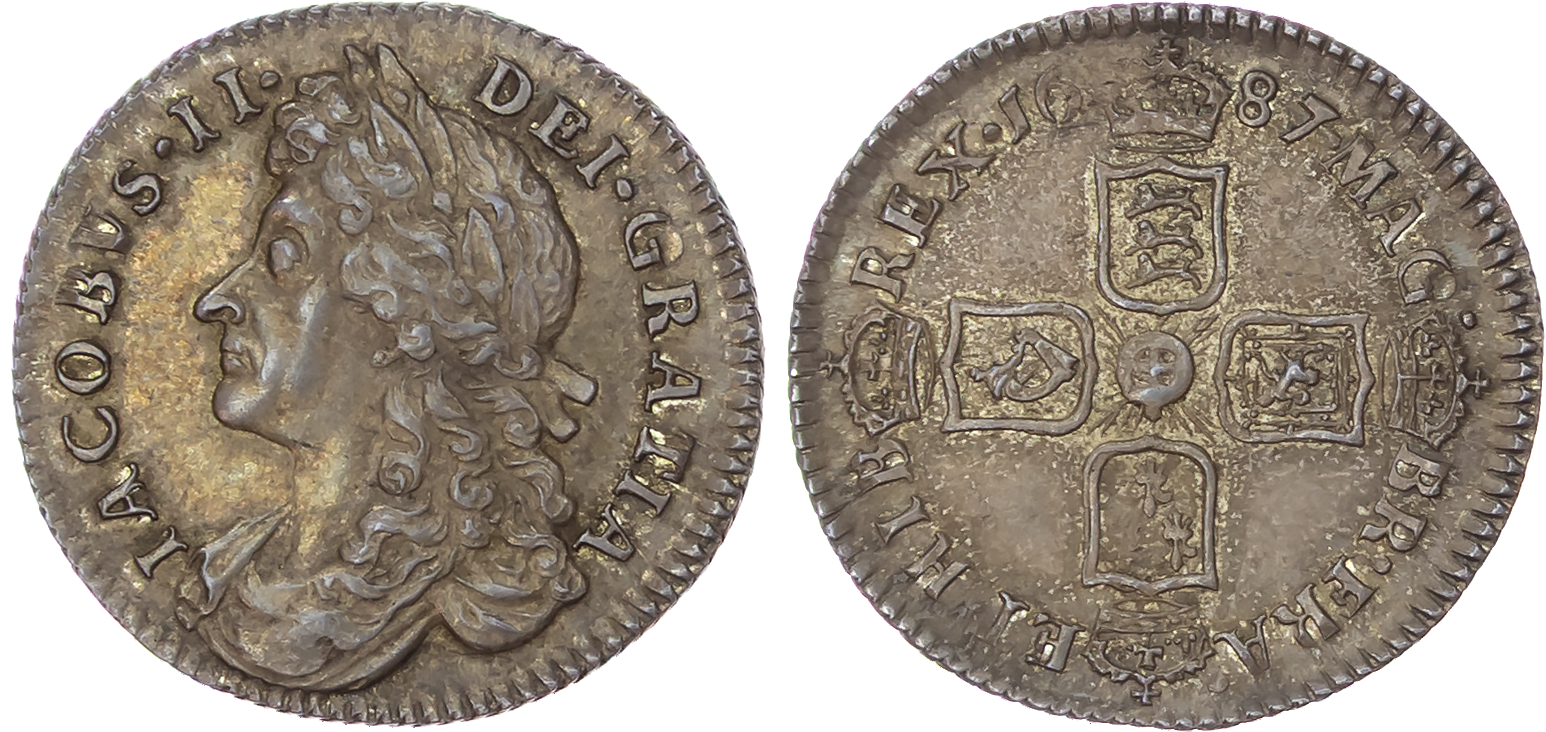 James II (1685-1688), AR Sixpence, 1687, later shields. 