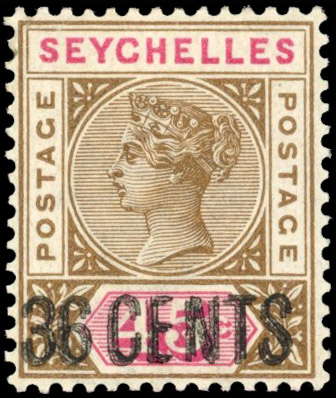 Seychelles SG 27a 1896 36c on 45c surcharge double mint