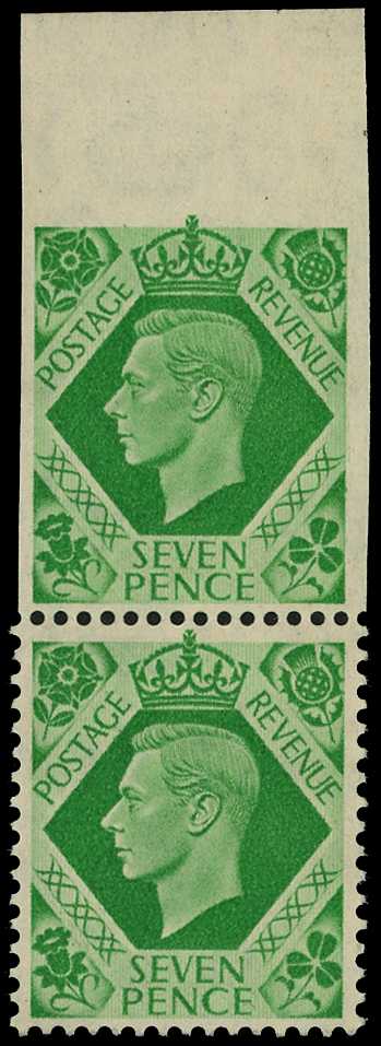 1939 7d emerald-green, top marginal vertical...