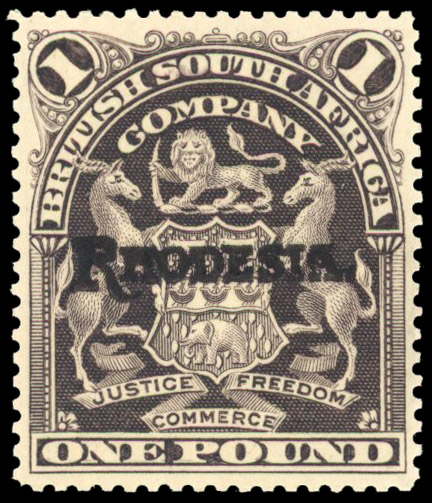 Rhodesia 1909-12 £1 grey-purple overprint in violet