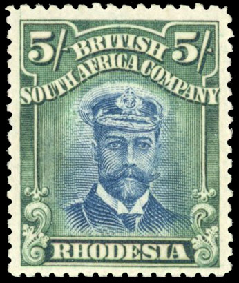 Rhodesia 5/- SG 251a perf 15 blue and blue-green mint