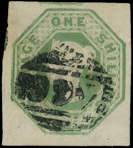 1854 1s Green Die WW2. Large four margin fine used example with variety ‘silk threads omitted’ cancelled by a Liverpool …