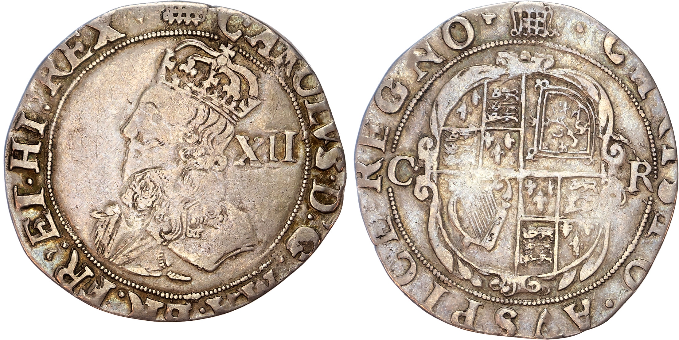 Charles I (1625-1649) Shilling, group D, type 3.1, Tower mint under the King, mintmark portcullis (1633-34) both sides.