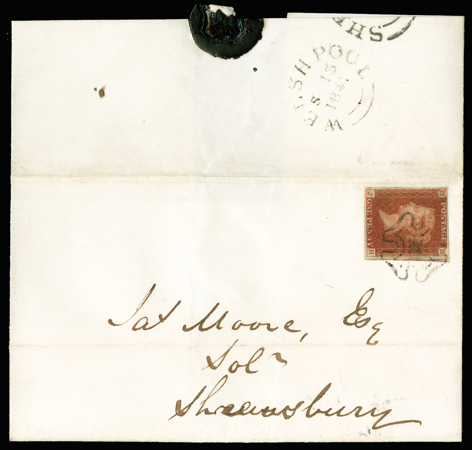 GB  SG8 1841 1d Red brown Pl.15. Welshpool MC on cover.