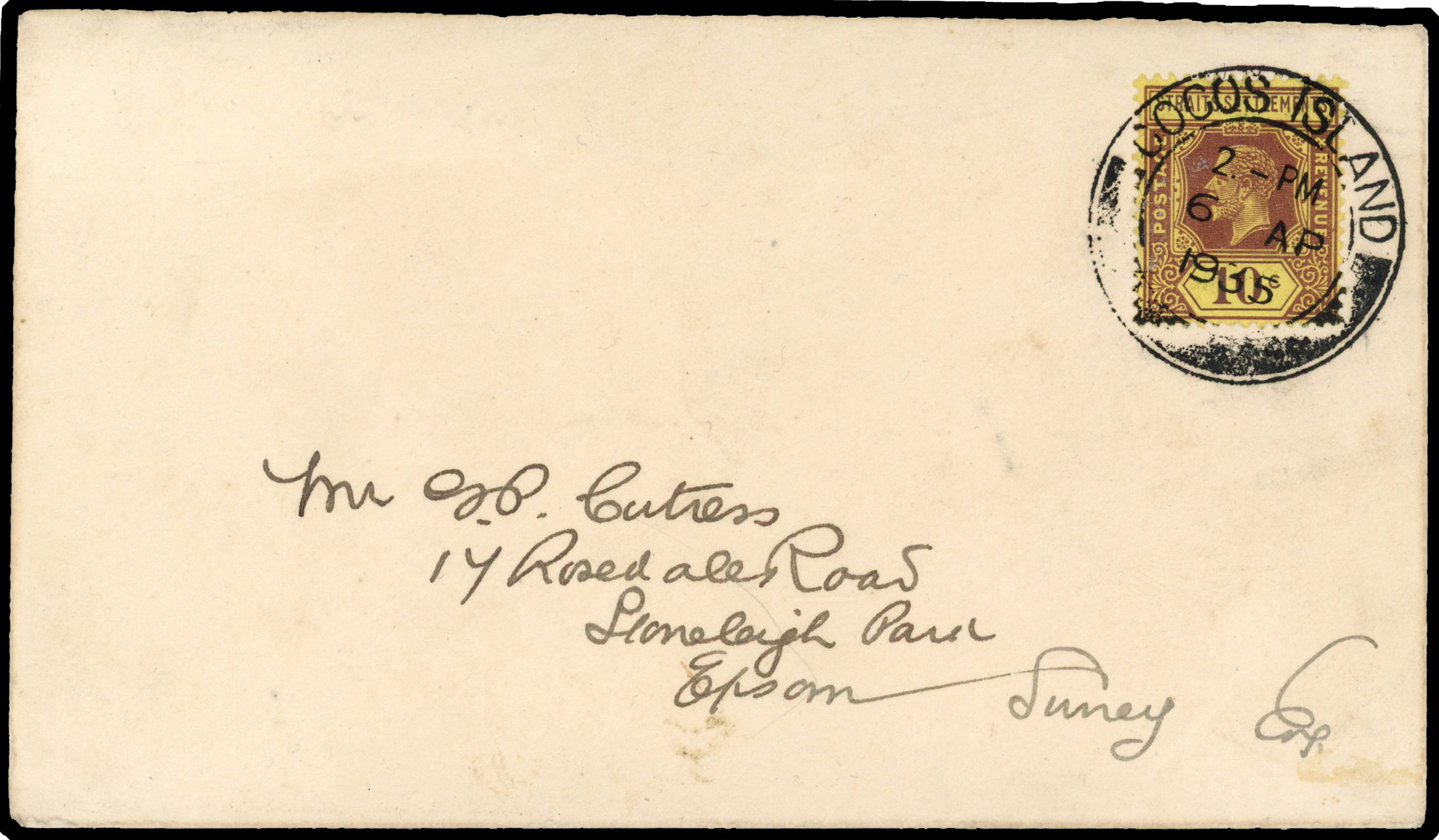 Straits Settlements 1935 cover from Cocos Island to England