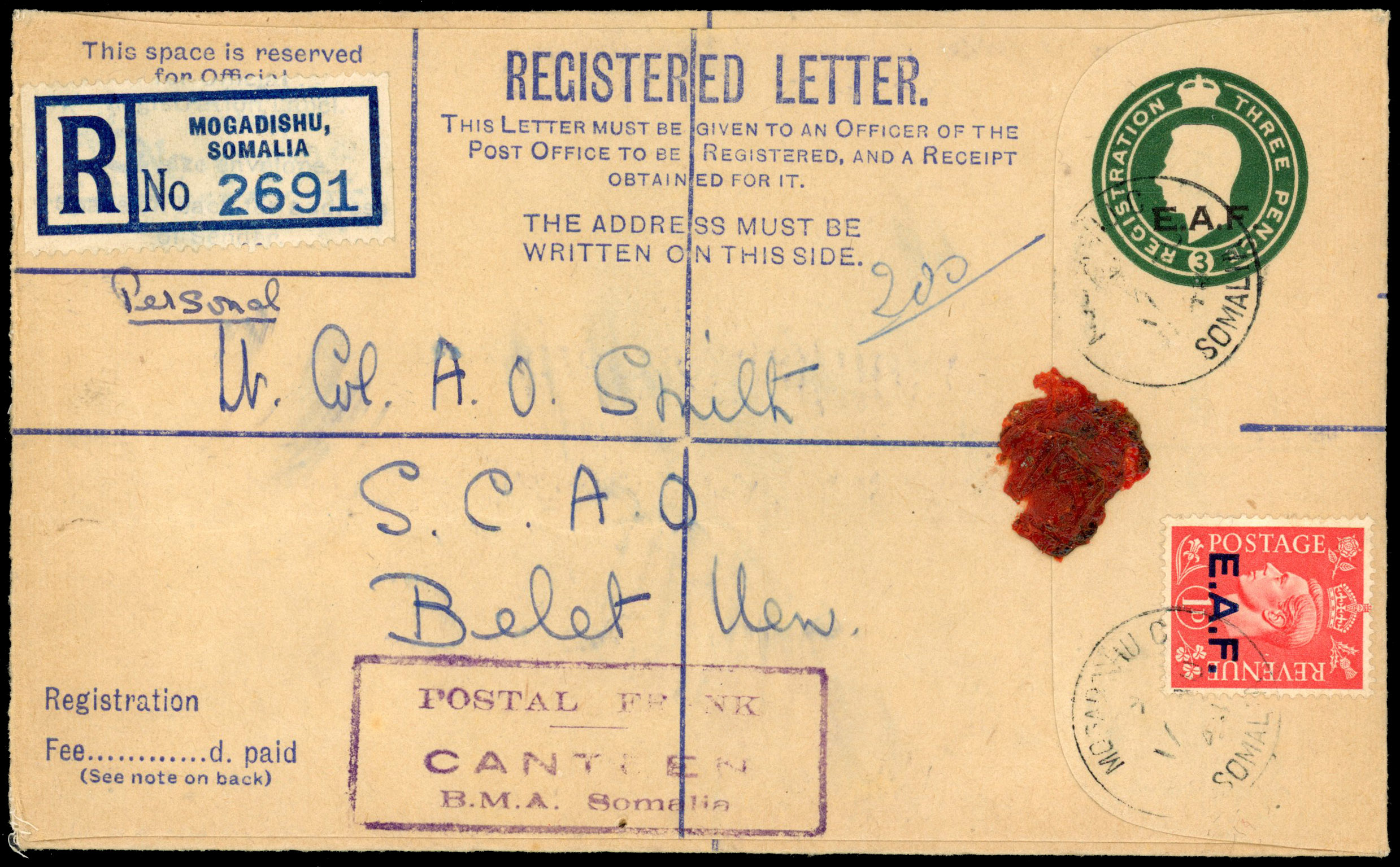 BOIC Somalia 3d registered envelope used