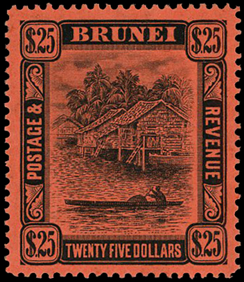 1910 $25 black on red paper o.g., some hinge remainder and with strong gum cracking; good appearance, scarce stamp.  SG 48,...