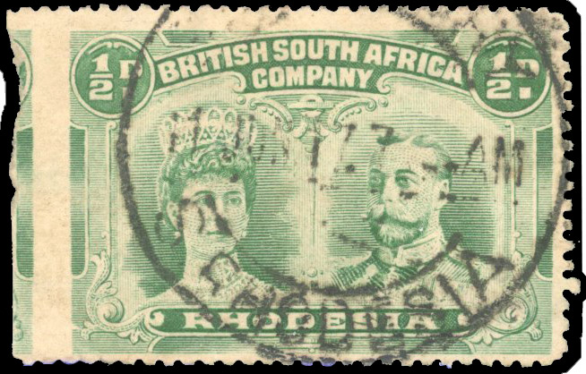 Rhodesia 1910-13 ½d dull blue-green perf 14 imperf at left