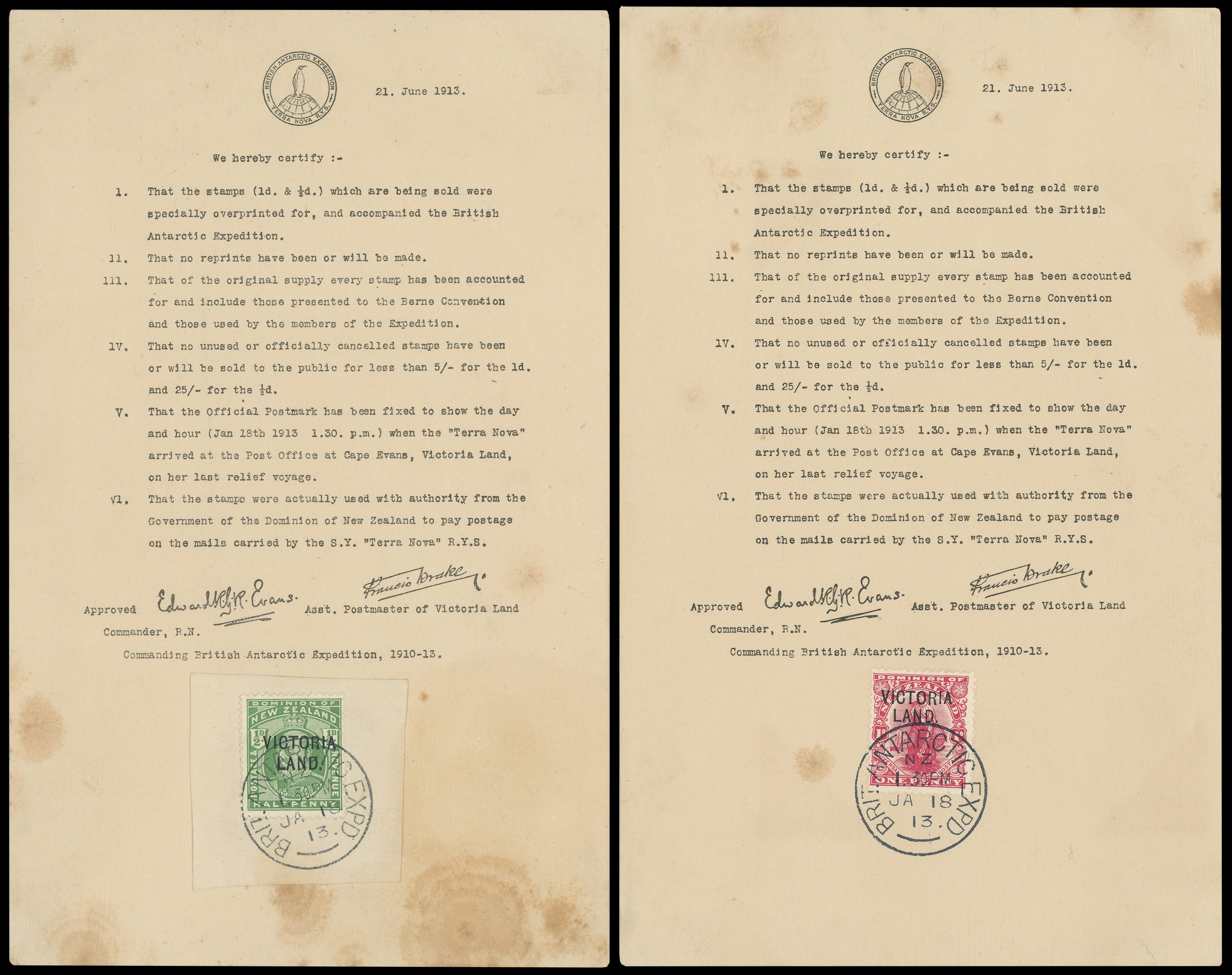 'Terra Nova' Expedition Victoria Land ½d, 1d official expedition certificates