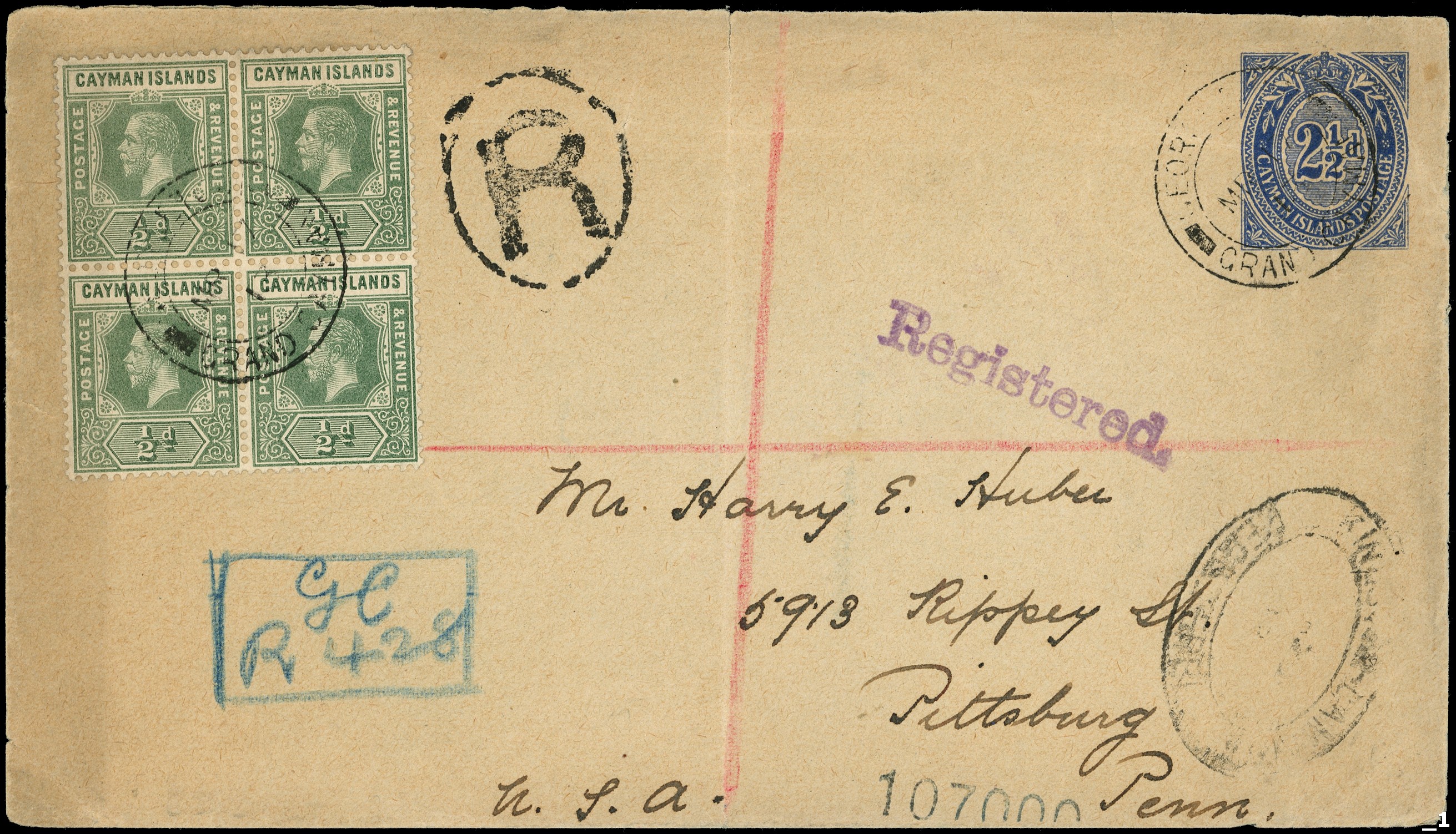 Cayman Islands 1913 registered postal stationery...