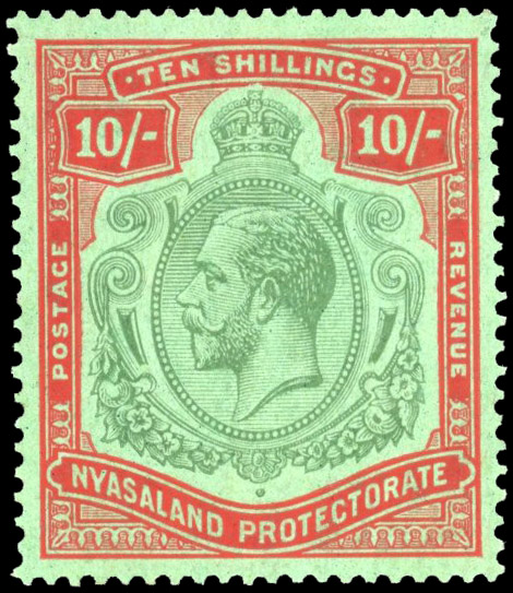 Nyasaland SG 113c 1926 10/- nick in top right scroll mint