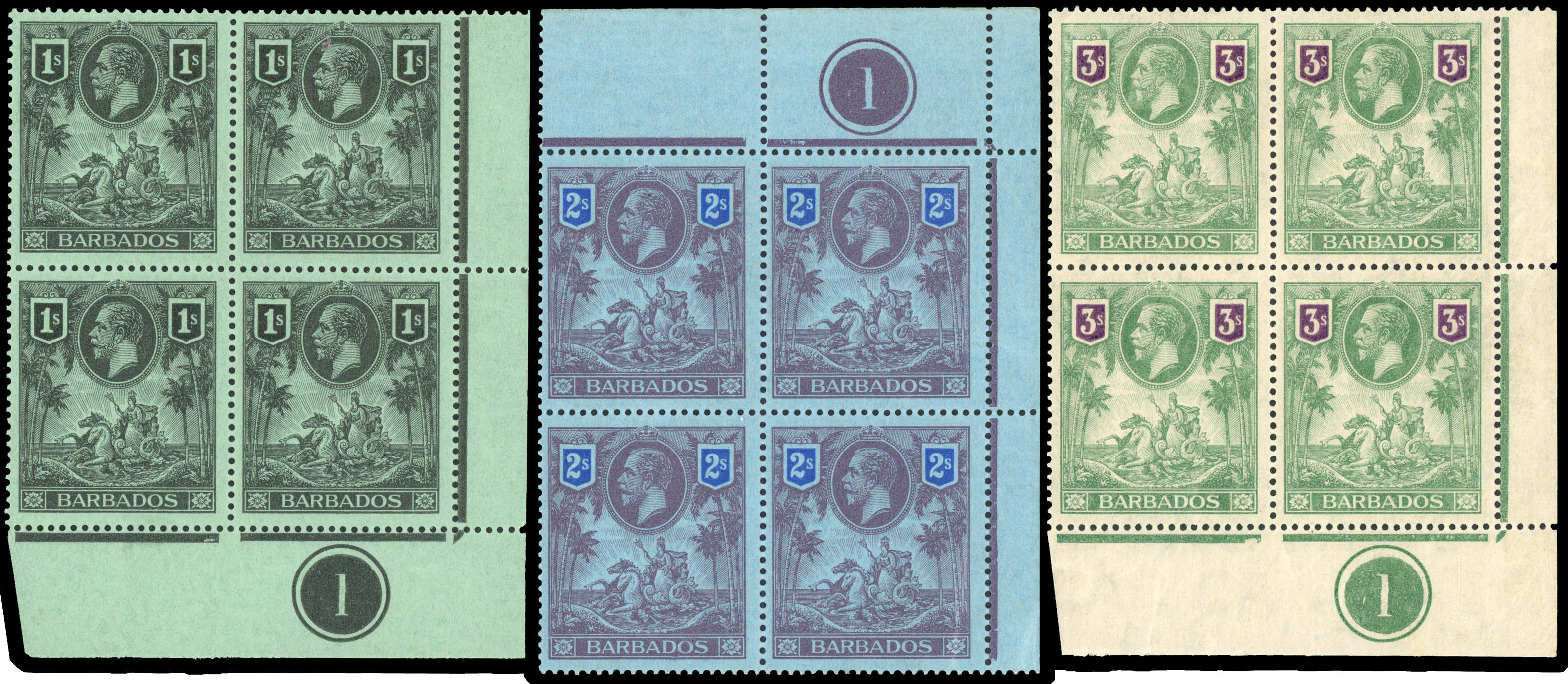 Barbados 1912-16 mint set with Plate blocks of High values S.G. 170/80 cat £1,045+
