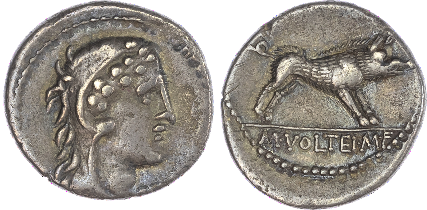 M. Volteius M. f. (78 BC) AR Denarius, Rome, 3.83g. Head of Hercules facing right, wearing a lionskin headdress. Rev.