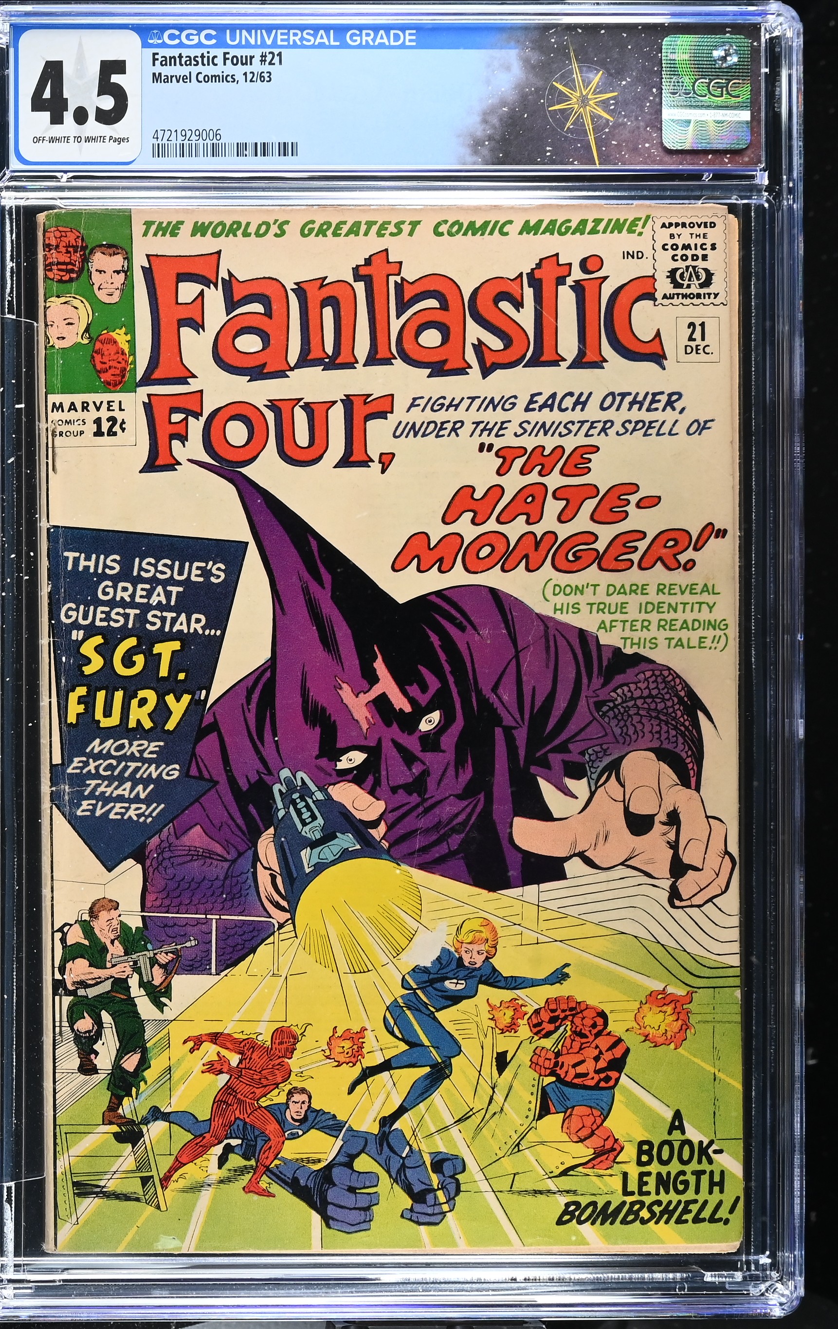 Fantastic Four #21 CGC 4.5 1st Appearance of the Hate-Monger (Marvel Comics, 1963) Off-White to White Pages