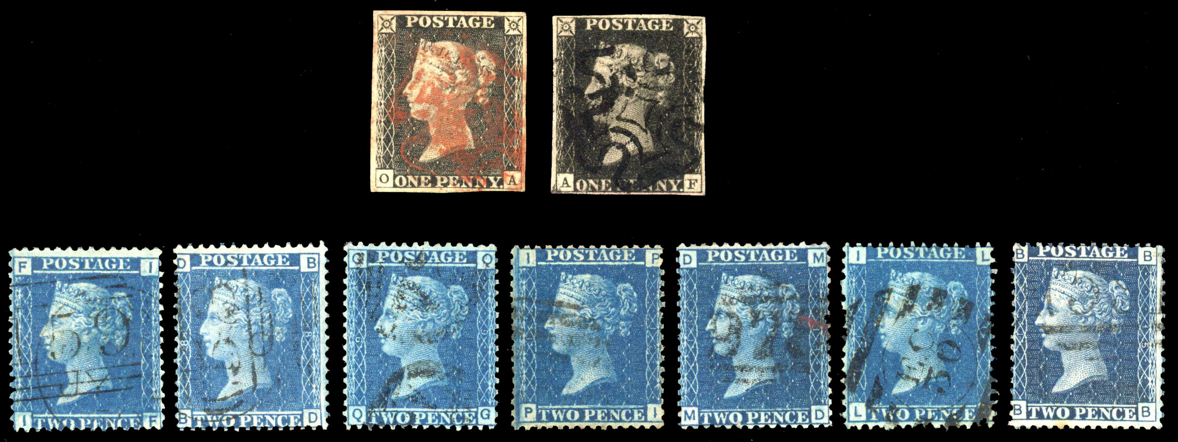 1840 1d black, plate 2 (OA) and plate 8 (AF), cancelled by red and black MC respectively; also