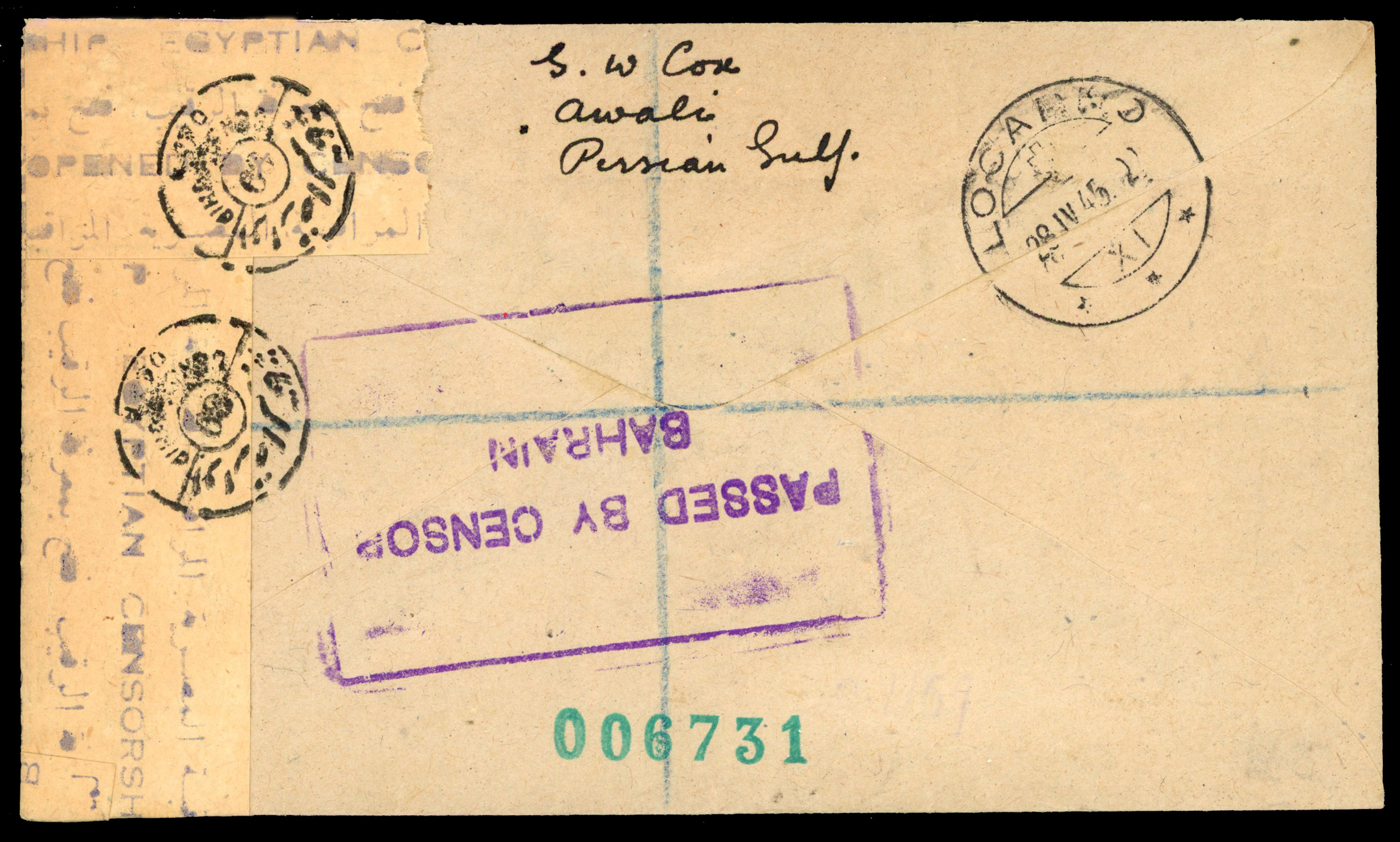 Bahrain 1945 Censor cover