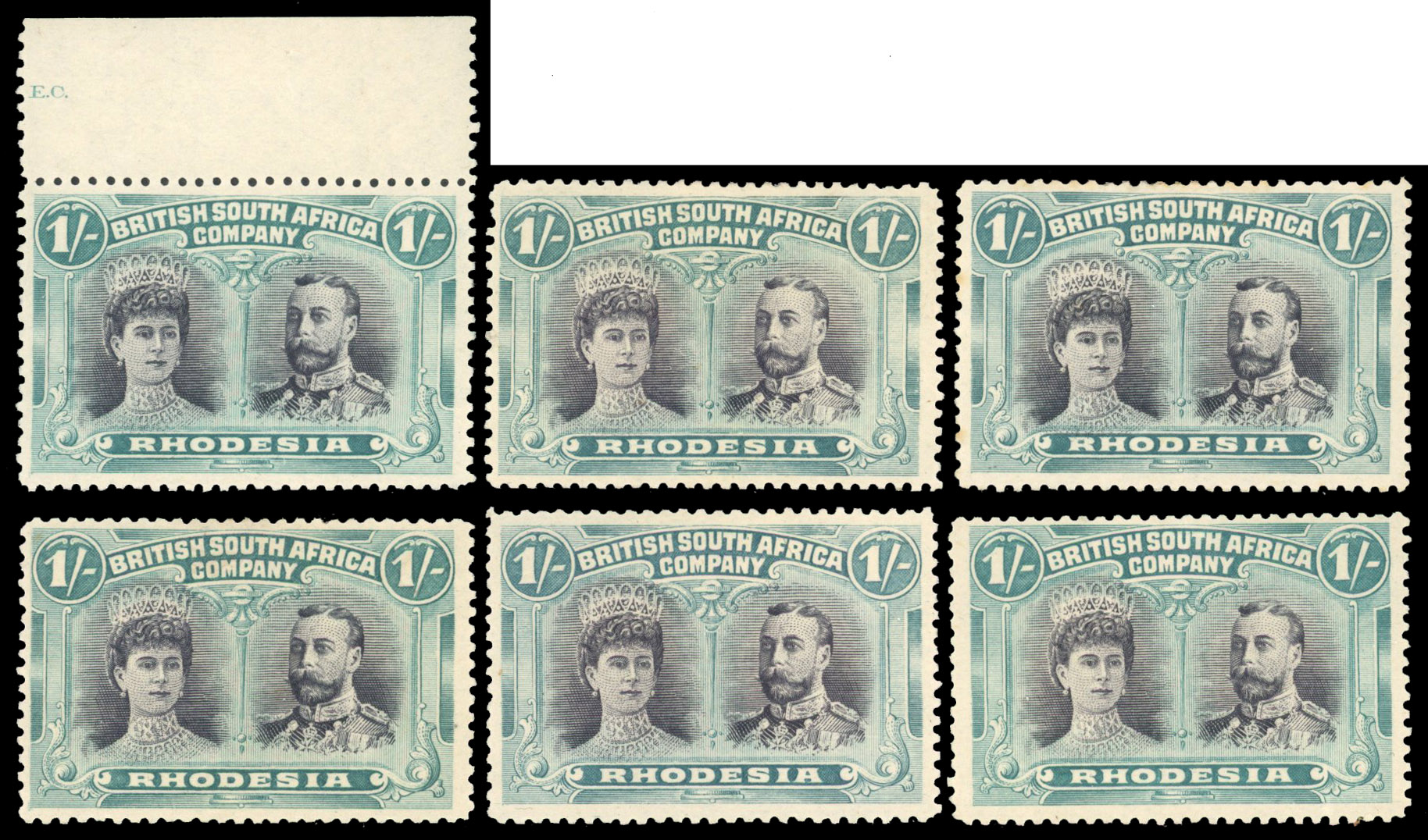 † 1/- grey-black and deep blue-green SG 151, positioned group mint