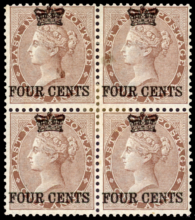 Straits Settlements SG 4 1867 4c on 1a brown block of 4