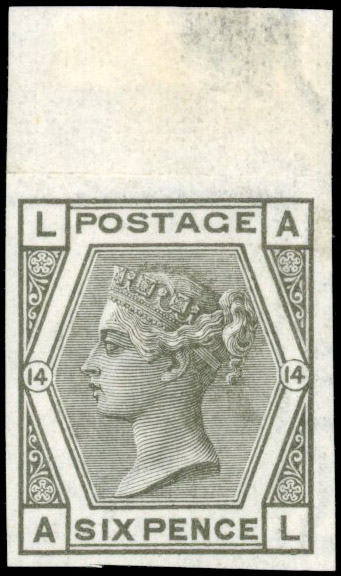 Great Britain 1873-80 6d Grey Pl.14 imperforate imprimatur SG 147var