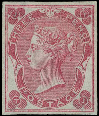 1862 3d Carmine-rose (Plate 2, State 2). Superb unused four margin imperforate imprimatur lettered TJ, lovely colour. Sc…