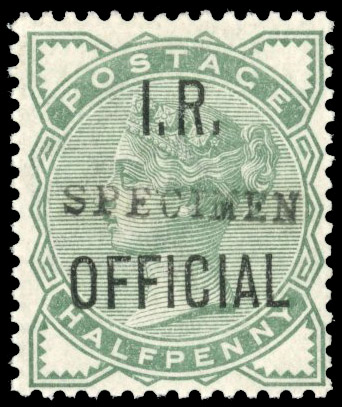 GB I.R. Official. 1882-1901 ½d pale green, optd "SPECIMEN" Type 9, SG O2s
