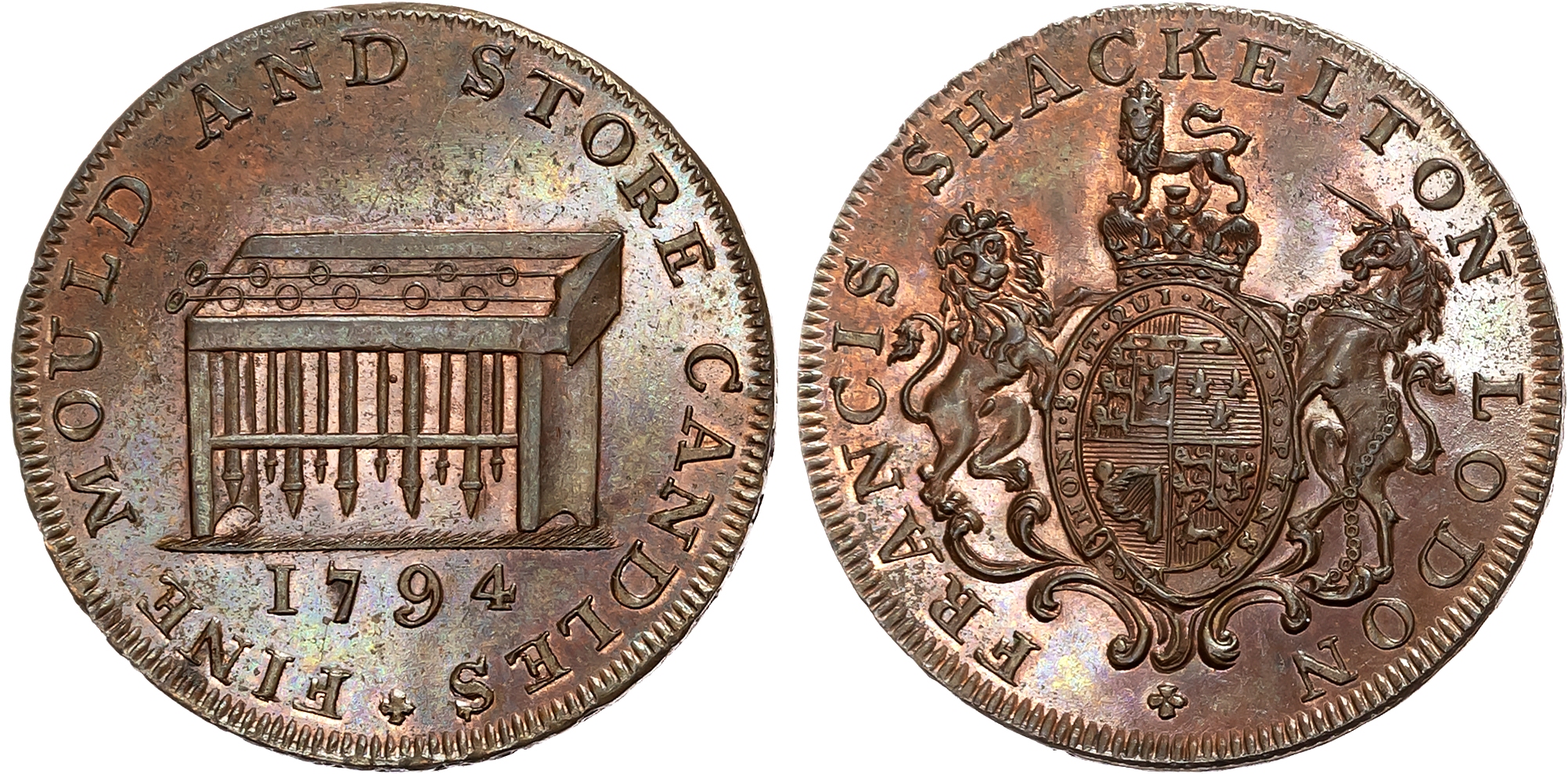 London, Haymarket , Francis Shackleton (tallow chandler) Halfpenny 1794, Royal Arms, rev. candle moulds, edge PAYABLE IN …